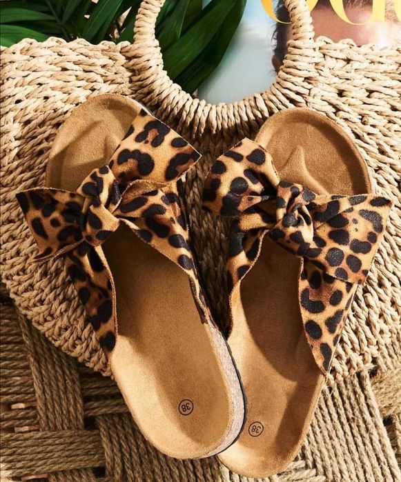 Klapki korkowe na korku panterka w panterkę kokardka