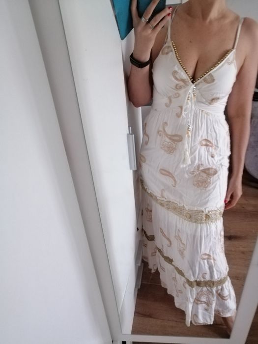 Sukienka maxi xs s m biała złote wzory plaża boho