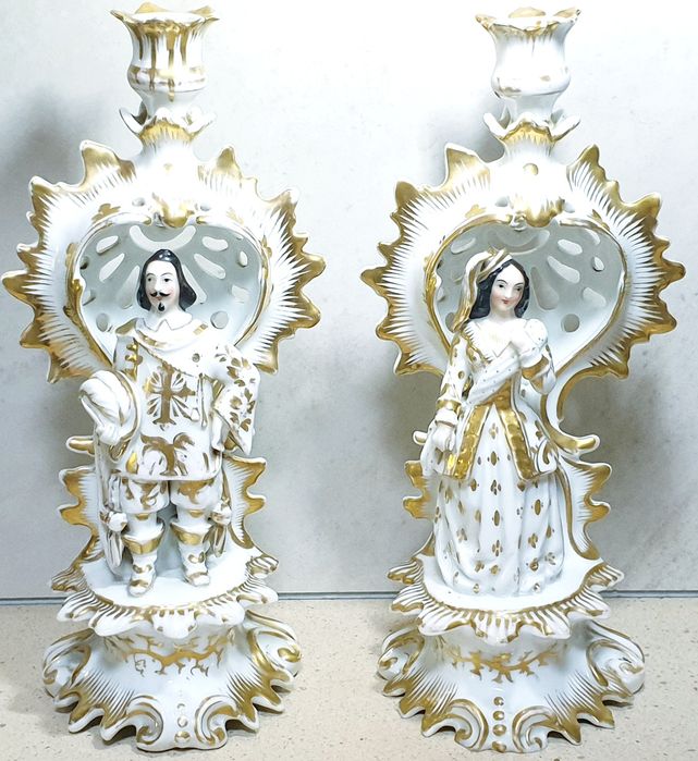 Raros lindos antigos castiçais franceses em porcelana Vieux Paris