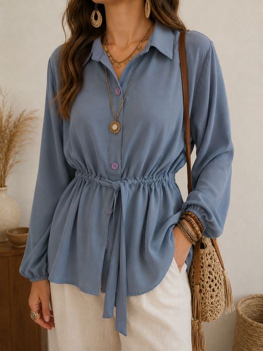 Blusa azul-acinzentada ajustável na cintura (Estilo Peplum/Romântico) - New Collection - Tamanho Único - Nova!