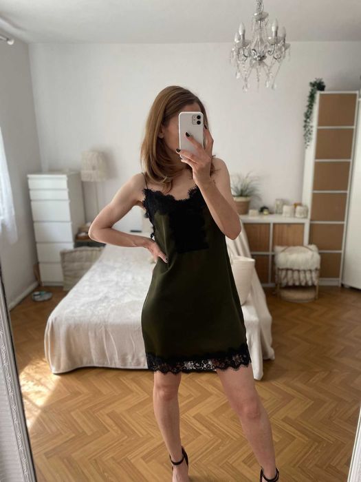 Stradivarius sukienka khaki czarna koronka bieliźniana mini S 36 M 38