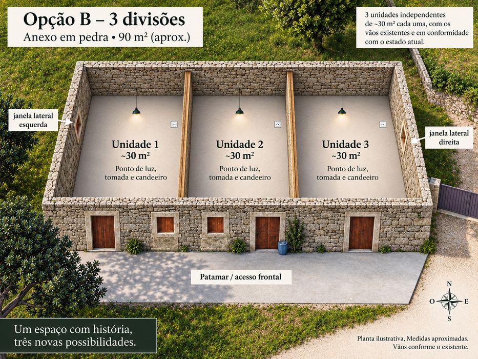 Brevemente disponível – Espaço rústico versátil para arrecadação / armazém de 30 m² a 90 m² em Serreleis, Viana do Castelo