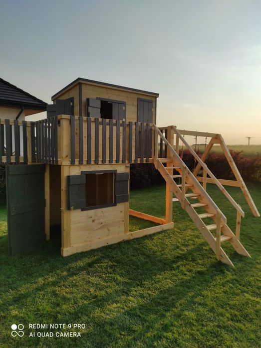 Ogromny drewniany plac zabaw, 2 domki + małpi gaj