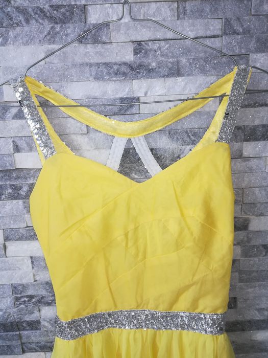 Żółta zwiewna długa sukienka, kanarkowa suknia na wesele, lato rozm S