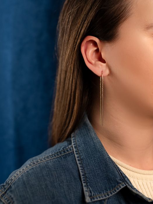 Złote 585 kolczyki przeciągane wiszące łańcuszki, nowe