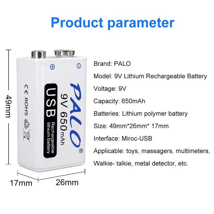 PALO 9V Аккумуляторная батарея 650mAh 6F22 Micro USB li-ion крона: 160 ...