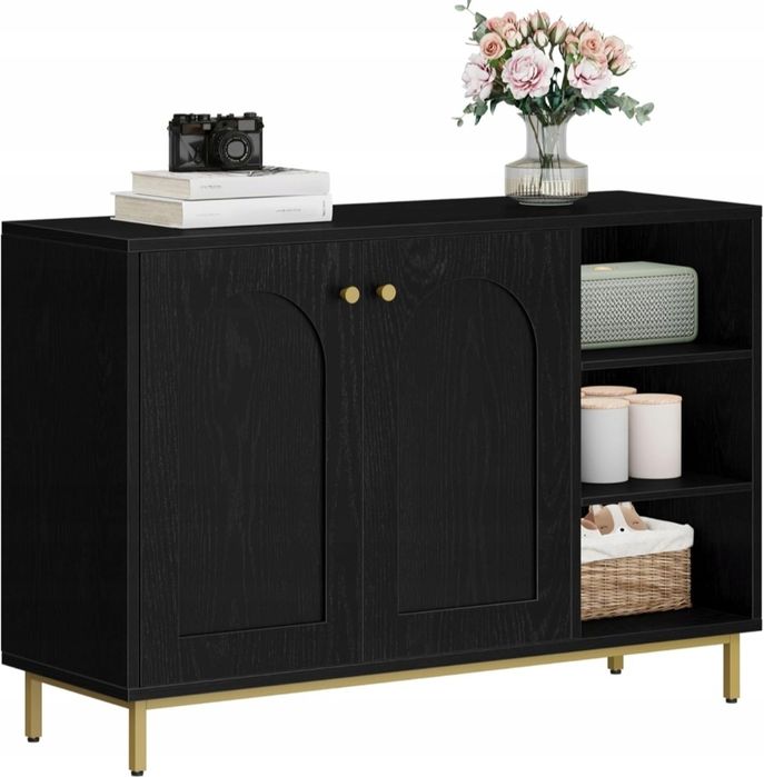 Szafka stojąca komoda kredens 100cm Pojemna GLAMOUR Czarna złote nóżki
