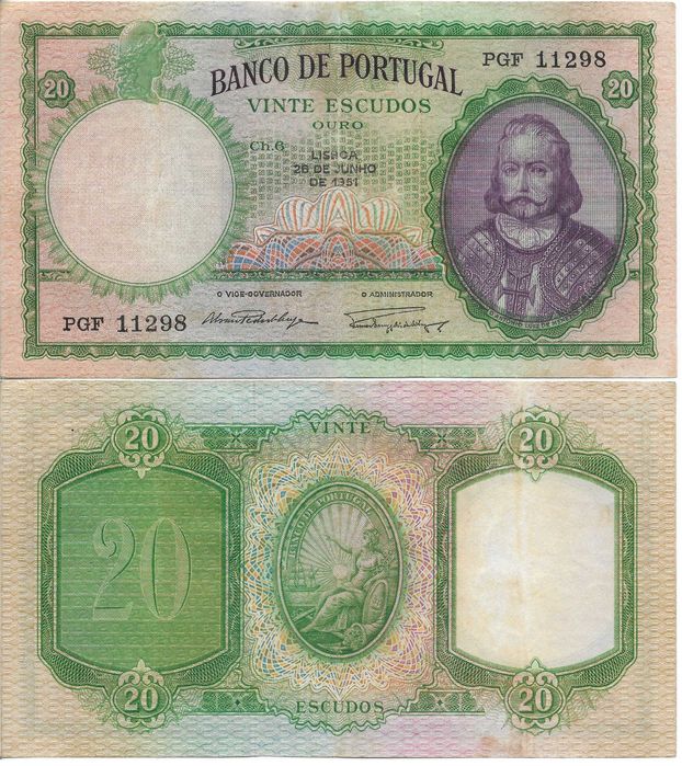 Nota de 20$00 de Portugal. Chapa 6, 26 de junho 1951, Bela