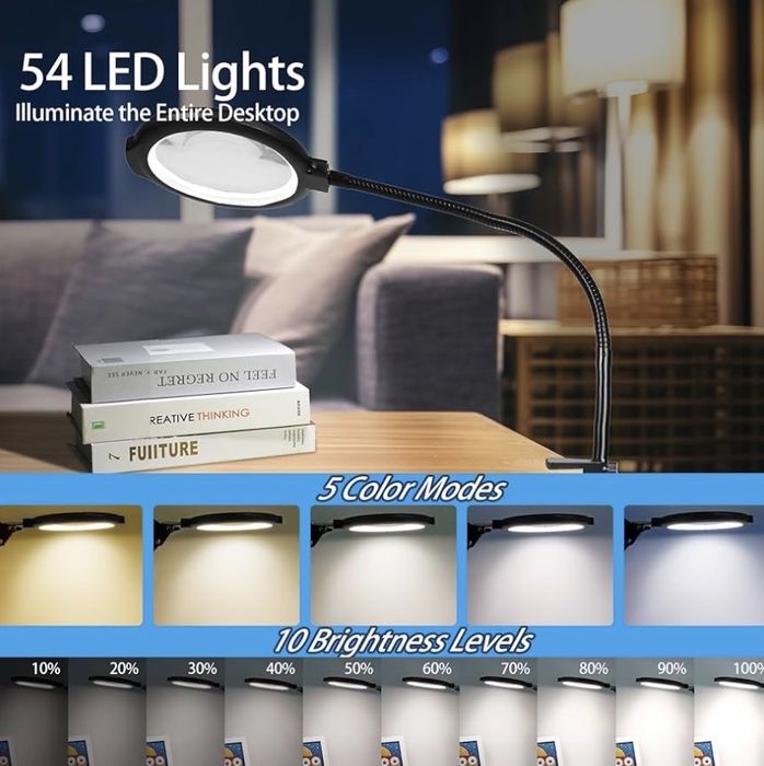 Підлогова LED лампа-лупа 12X на гнучкій ніжці W624, 54 LED, 130 мм