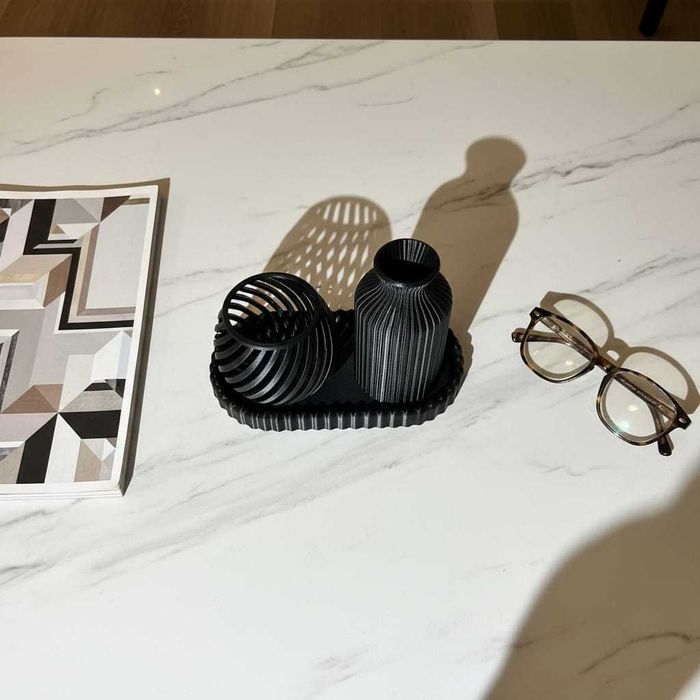 Conjunto decorativo preto em impressão 3D com acabamento premium
