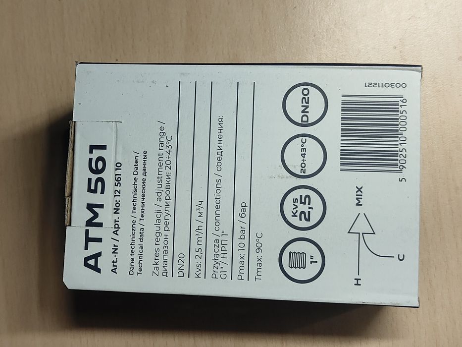 Zawór mieszający ATM561 DN20 20-43°C KVS 2.5