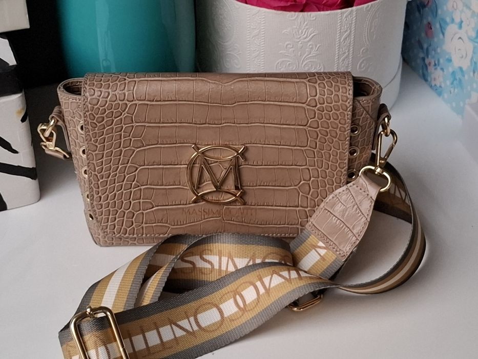 Włoska torebka skórzana wężowa beżowa dwa paski