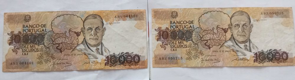Notas de 10 000 escudos de Egas Moniz - 90 euros cada lote de 2.