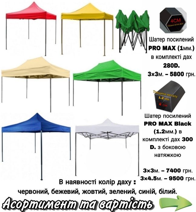 Шатер, палатка, намет посилений розкладний 3×3 м. білий каркас 0.9