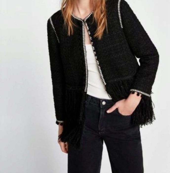 Czarny tweedowy żakiet z frędzlami boho XXL 46 plus size