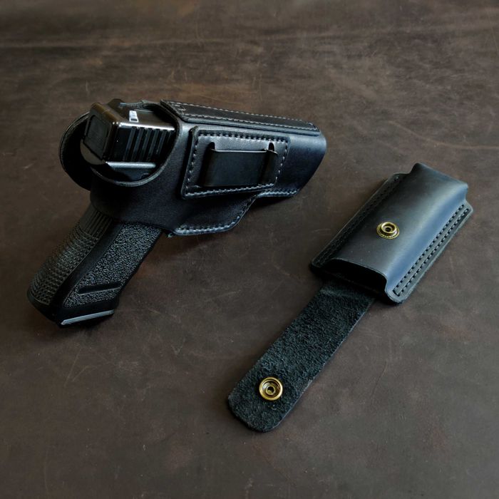 Шкіряна кобура для Glock 17 зі скобою+ паучер, кобура на Glock, Глок