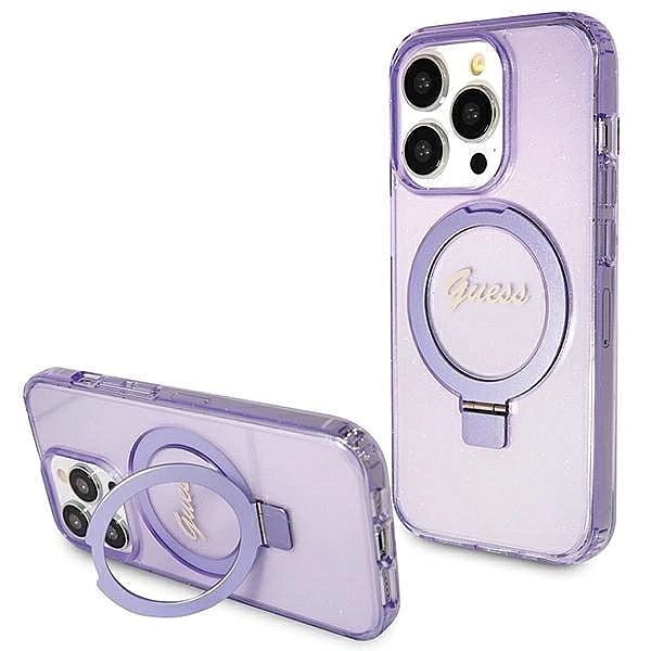Etui Guess Ring Stand Script Glitter MagSafe na iPhone 15 Pro - fiolet
