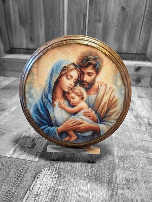 Obrazek na drewnie ręcznie zdobiony Święta Rodzina prezent