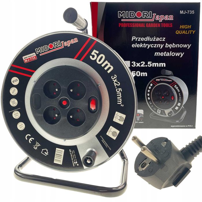 PRZEDŁUŻACZ NA BĘBNIE 3x2,5 50m Bębnowy Budowlany Ogrodowy czarny