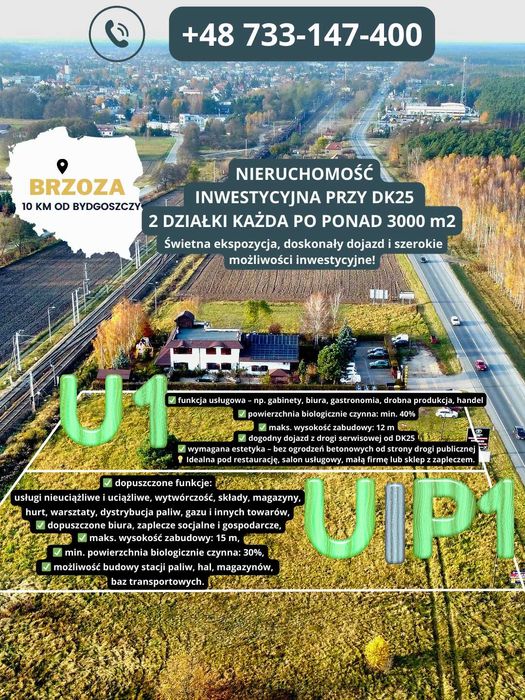Teren inwestycyjny przy DK25, mpzp U i U/P, przy jeździe z obwodnicy