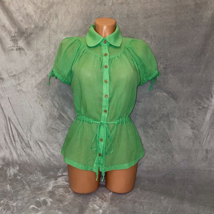 Przewiewna koszula bawełna bluzka zielona krótki rękaw wiązana