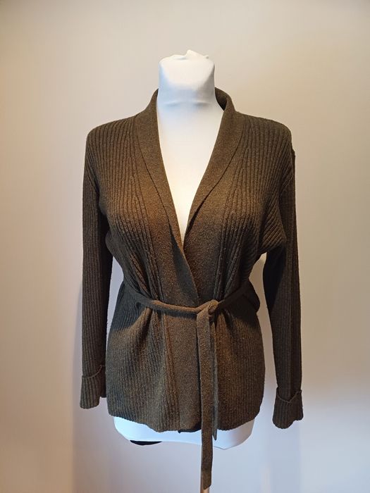 dzianinowy kardigan z paskiem, roz. L, stan bdb