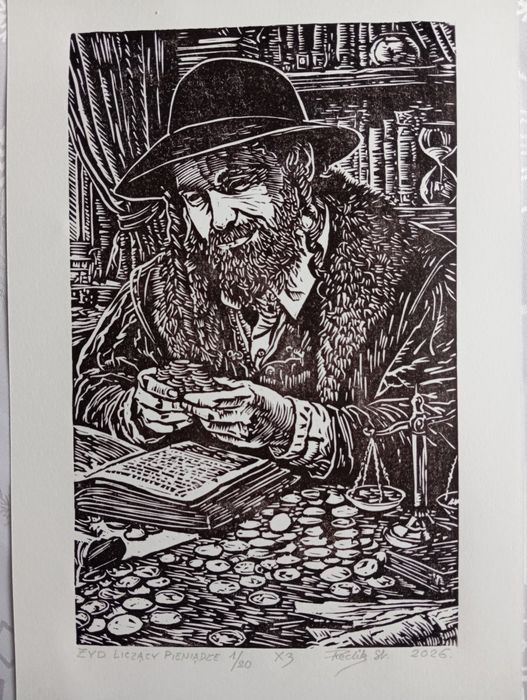 Linoryt "Kupiec liczący pieniądze"