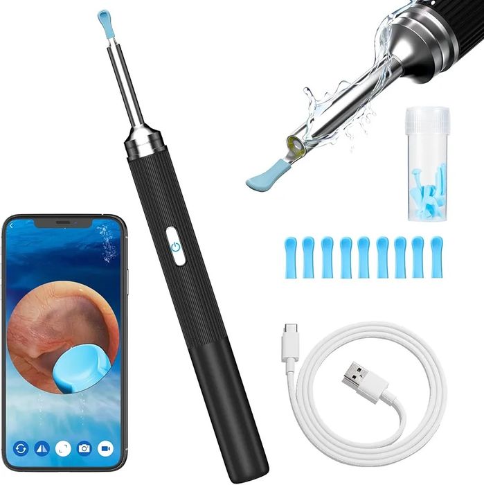 Otoskop do usuwania woskowiny usznej, 5-mpx czyścik do uszu HD z szerokokątnym endoskopem do uszu 360° kamera WiFi do czyszczenia uszu z 6 diodami LED