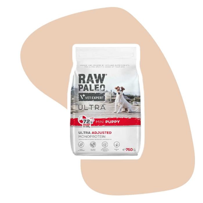 Raw Paleo Ultra Mini Puppy Beef 750g Wołowina specjalistyczna, hipoalergiczna karma stworzona dla szczeniąt małych ras