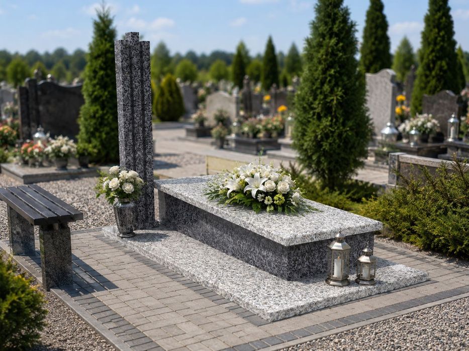 Nagrobek Granitowy Pojedynczy Premium Sarkofag z Półką na Znicze Grafitowo Szary z Montażem w Całej Polsce | LST Kamieniarstwo