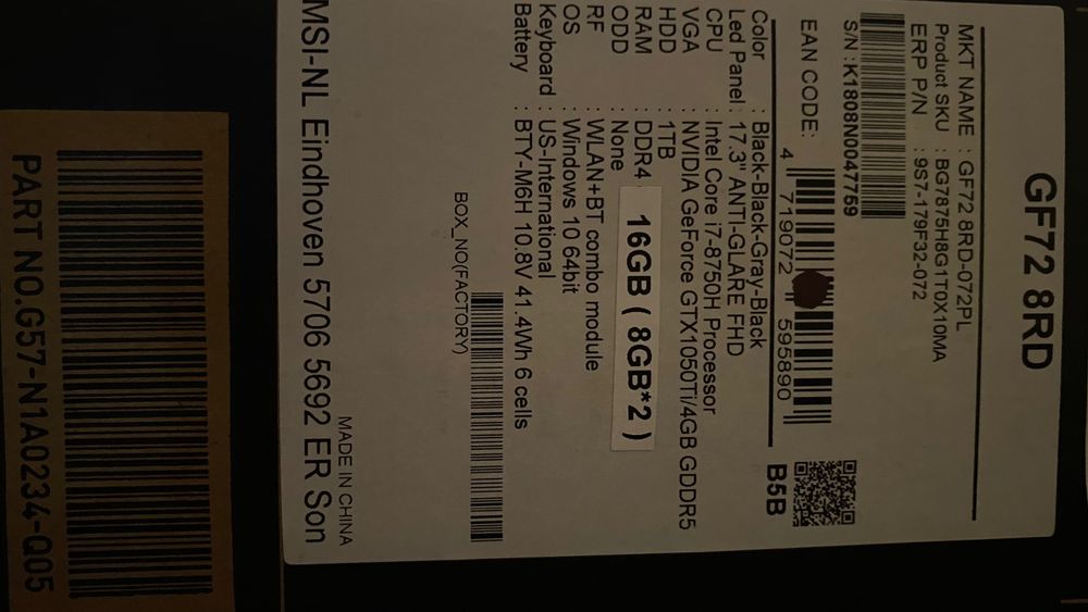 MSI GF72 8RD 16GB RAM 4GB Grafika