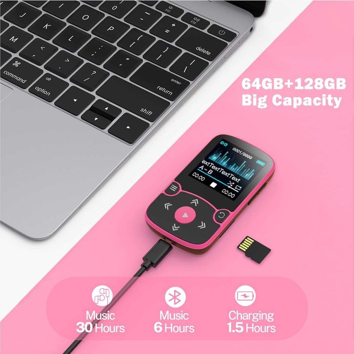 AGPTEK Odtwarzacz MP3 64GB Bluetooth 5.3 Sport Magenta