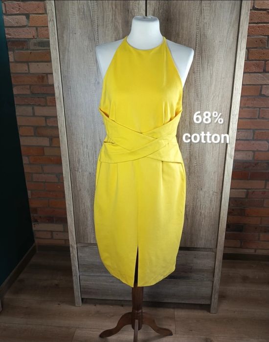 Lavish Alice żółta sukienka midi z kopertowym przodem i głębokim dekoltem na plecach L 40