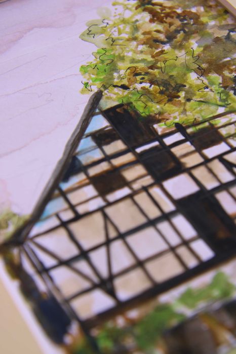 Akwarela z budynkiem z passe-partout