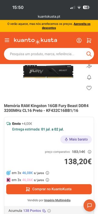Memória RAM Kingston FURY Beast DDR4 32GB (2x16GB) 3200MHz — Como Novas
