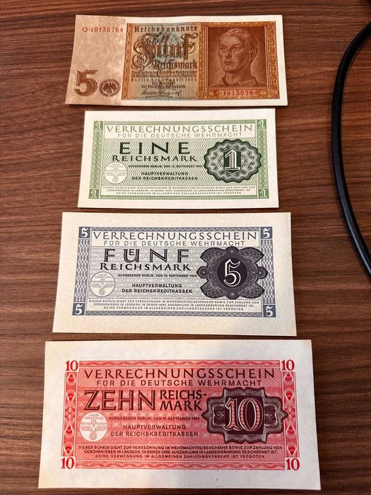 Lote 5 Notas Alemãs Históricas – Reichsmark / Wehrmacht – 1942/1944