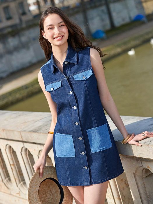 Sukienka Jeansowa Koszulowa Kontrastująca Prosta Niebieska Shein S 36