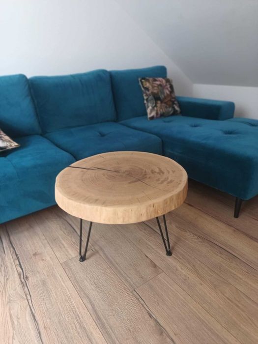 Stolik kawowy z plastra dębu ręcznie wykonany, Meble salonowe