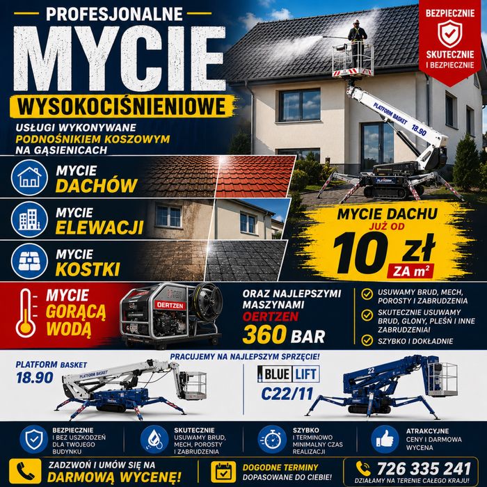 Mycie dachów i elewacji z podnośnika koszowego