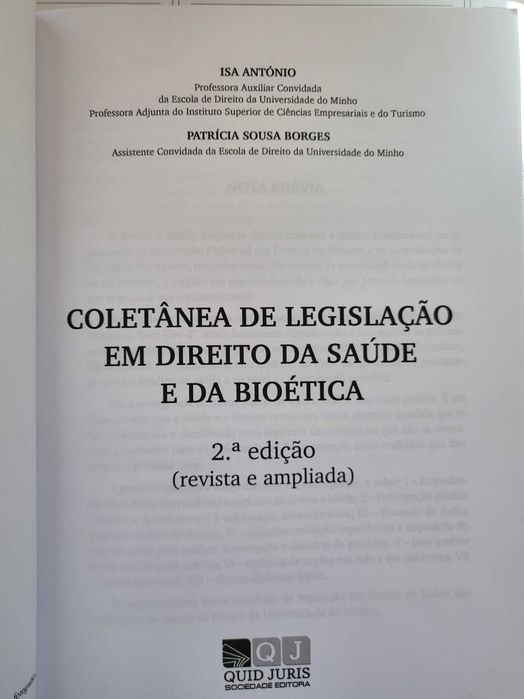 Livro "Coletânea de Legislação em Direito da Saúde e da Bioética" de Isa António e Patrícia Sousa Borges