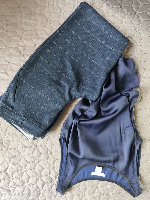 Spodnie garniturowe wide leg prosta nogawka wizytowe eleganckie bluzka