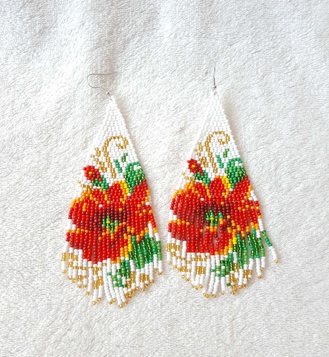 Duże kolczyki koralikowe boho etno bohemian mak kwiat róża floral