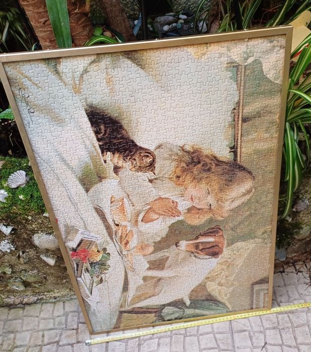 Puzzle, quadro. Menina a rezar com cão.