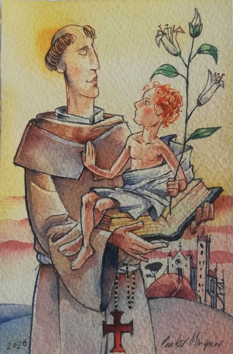 Aguarela. Santo António. Original de Carlos Marques