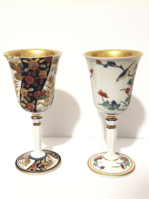 2 fantasticos copos de vinho em porcelana japonesa Kutani-yaki