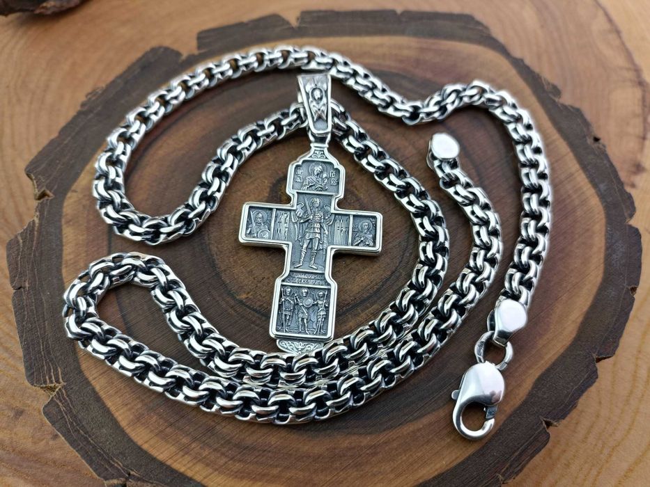 Серебряная цепочка Бисмарк и серебряный крест. Ланцюг Бісмарк хрест