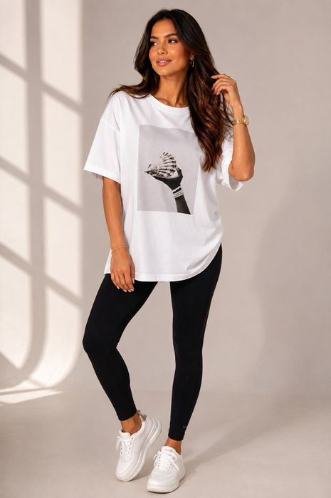 T-shirt damski oversize biały MUSZELKA rozmiar uniwersalny Madame Sue