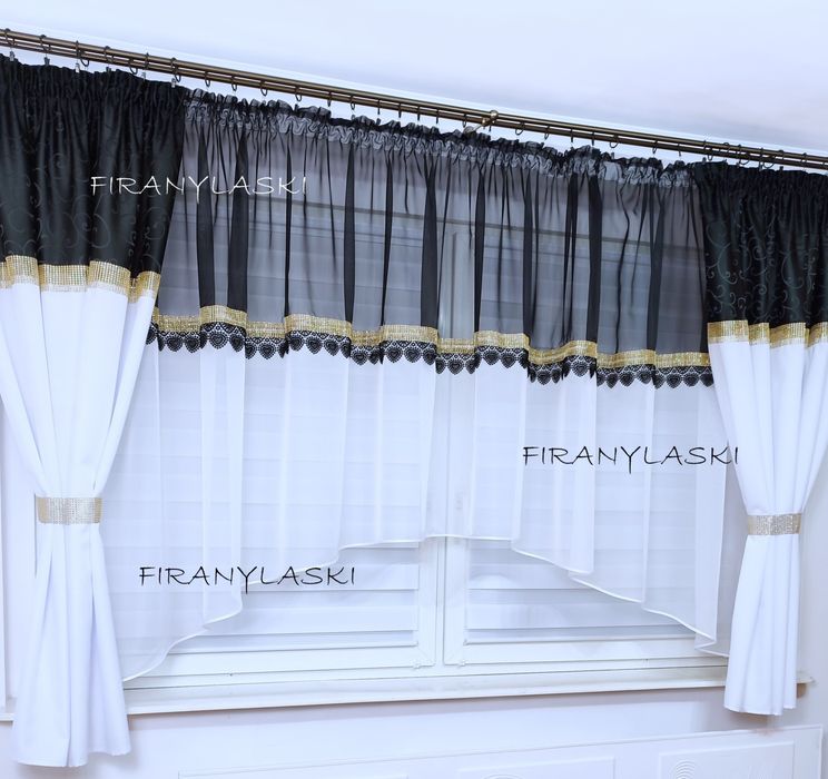 Firana Gotowa 400x150 biało czarna złote cyrkonie