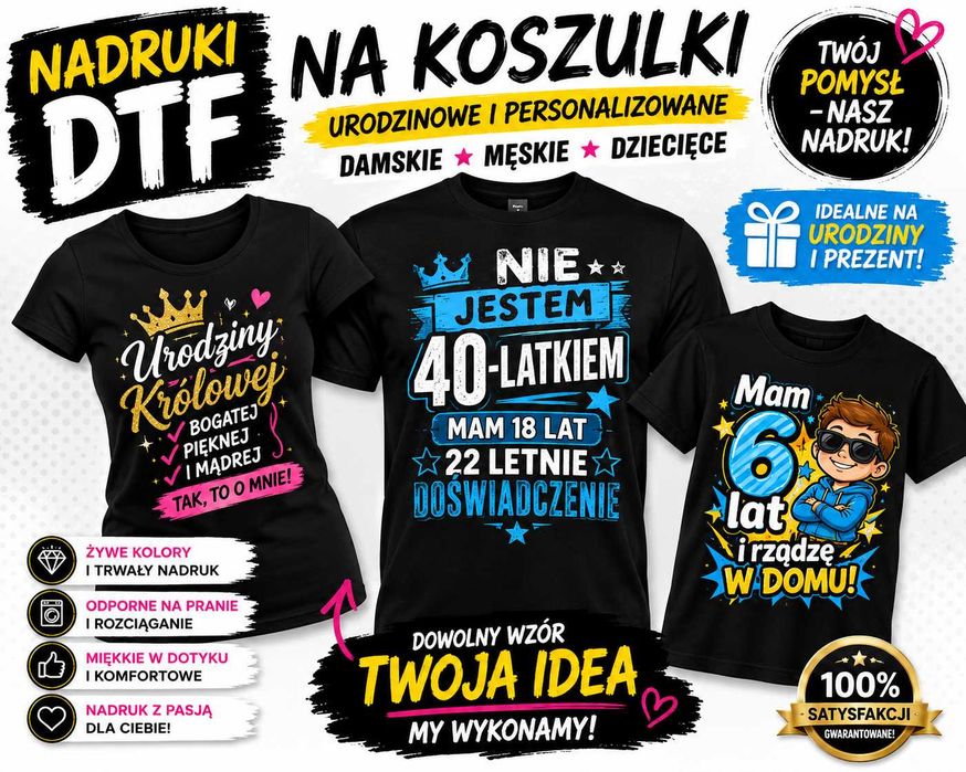 Koszulki urodzinowe | Koszulki personalizowane | Nadruk DTF | Damskie, męskie i dziecięce | Własny nadruk | Prezent na urodziny.