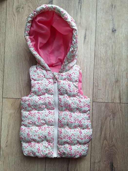 Dziewczęca kamizelka bezrękawnik z kapturem Biała kwiatki różowa jesie